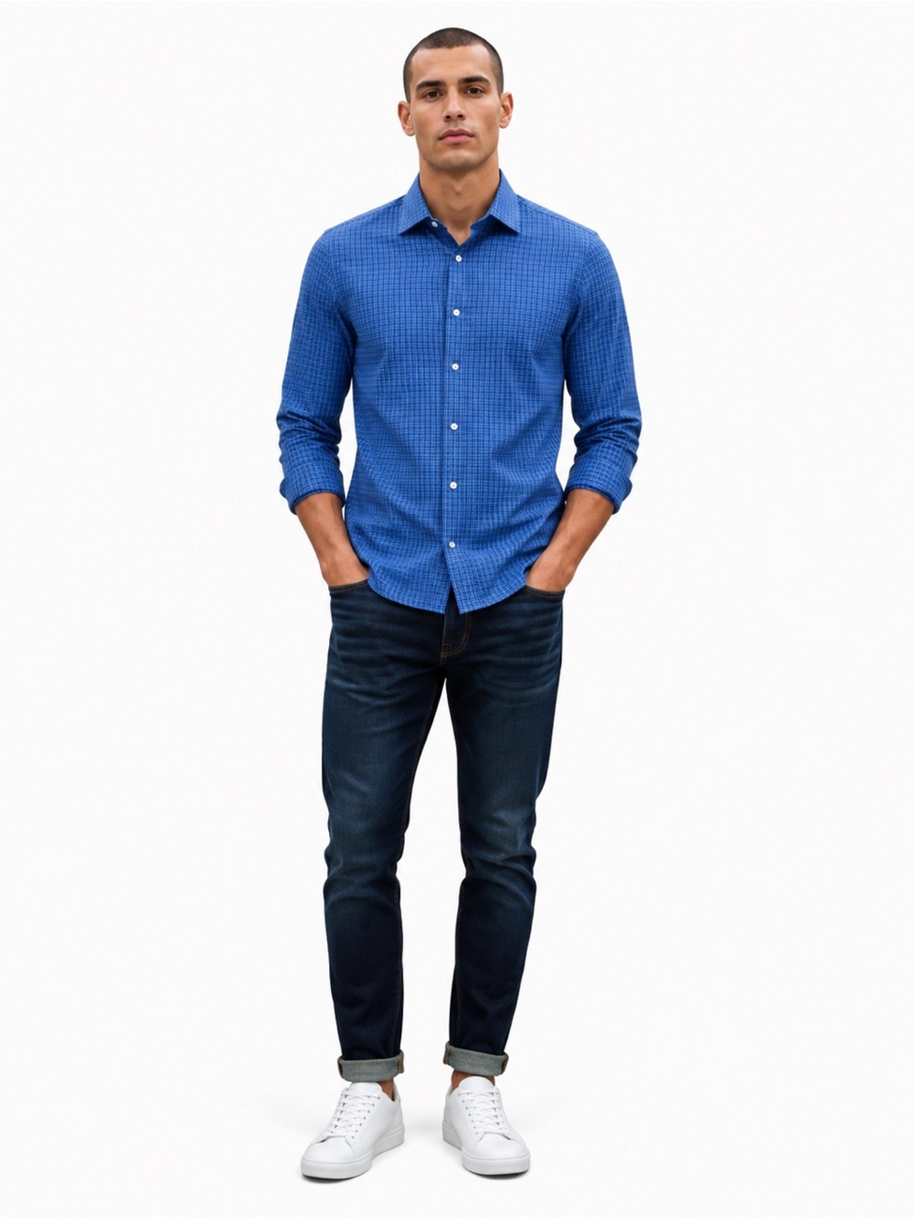 Haggar Slim Fit Dress Shirt – Men’s 15–15½ | 32/33 – Blue Check Button Down